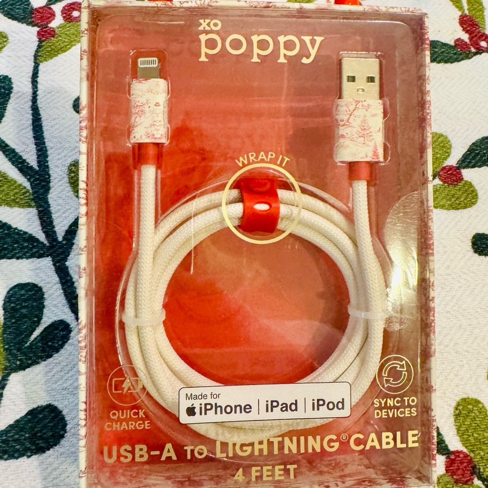 🌸NIB🌸poppy 🌺🌷 iPhone iPad iPod USB-A to Lightning Cable 4 Feet Long - Toile
